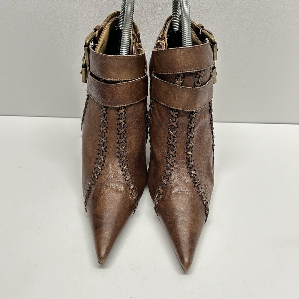 Carlos Santana Borderline Brown Leather Ankle Booties Heels Whipstitch Womens 7M - Picture 4 of 12